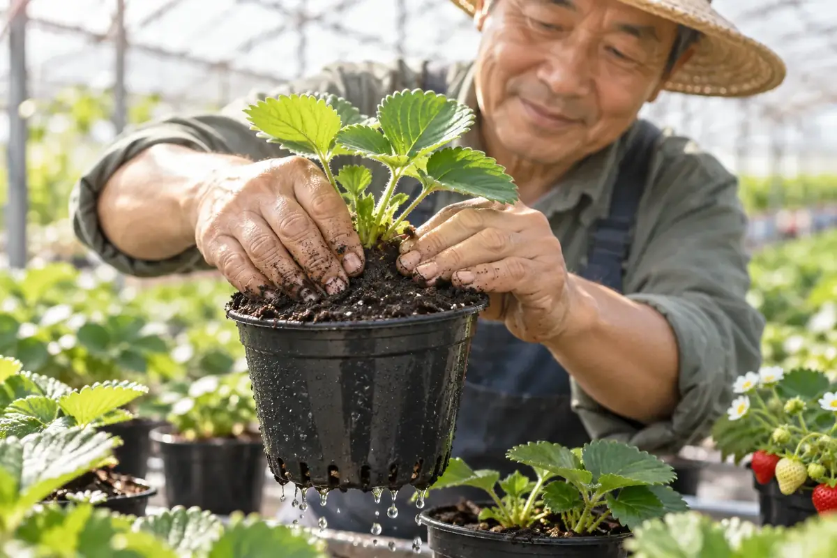 苺培土Specialでいちご苗をポットに植える手元