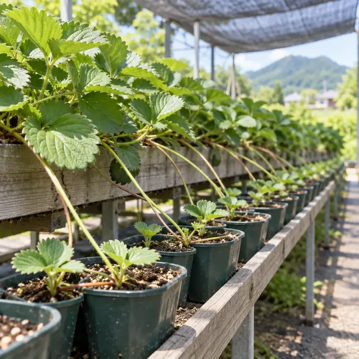 親株から伸びたランナーをポットで受けるいちごの苗