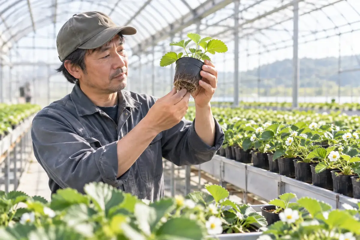 ハウスでいちごの苗を確かめる生産者