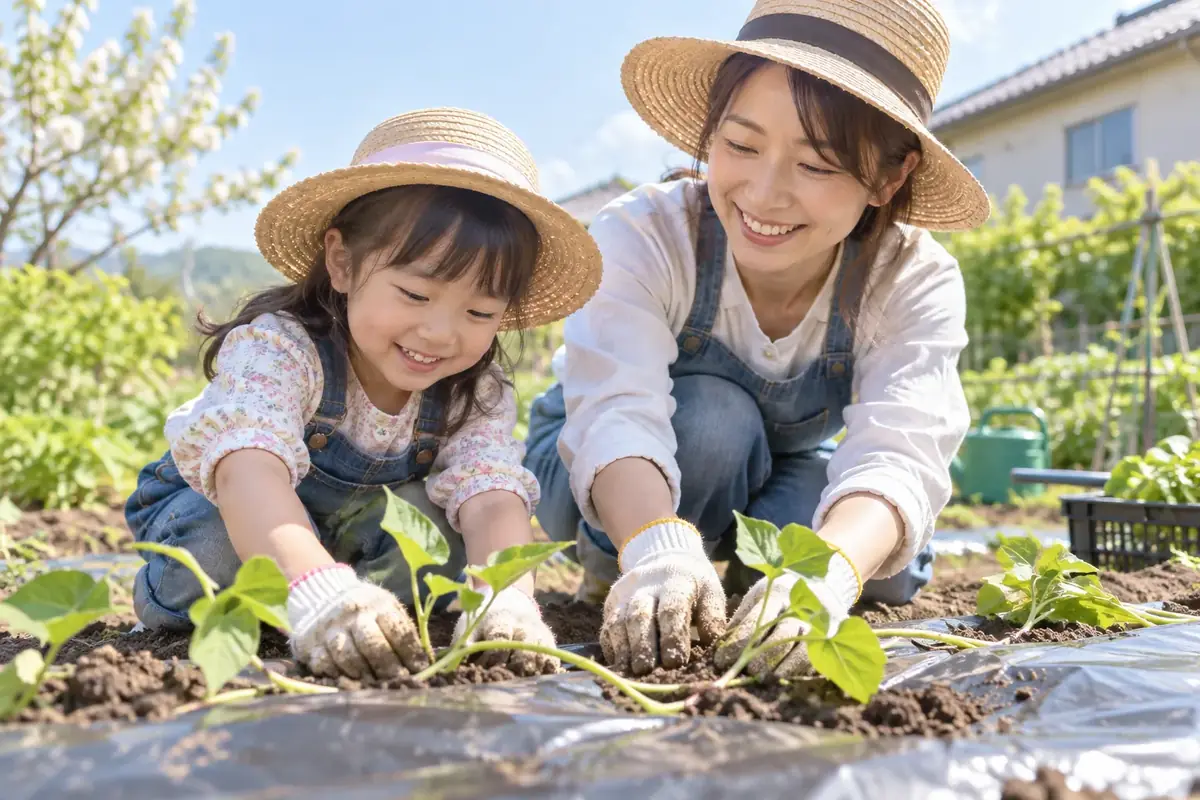 家庭菜園でさつまいも苗を植える親子
